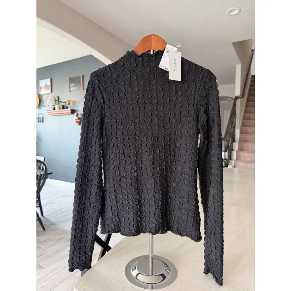 NWT Jason Wu Black Mock Neck Top Long Sleeve XS Retro Goth Classic